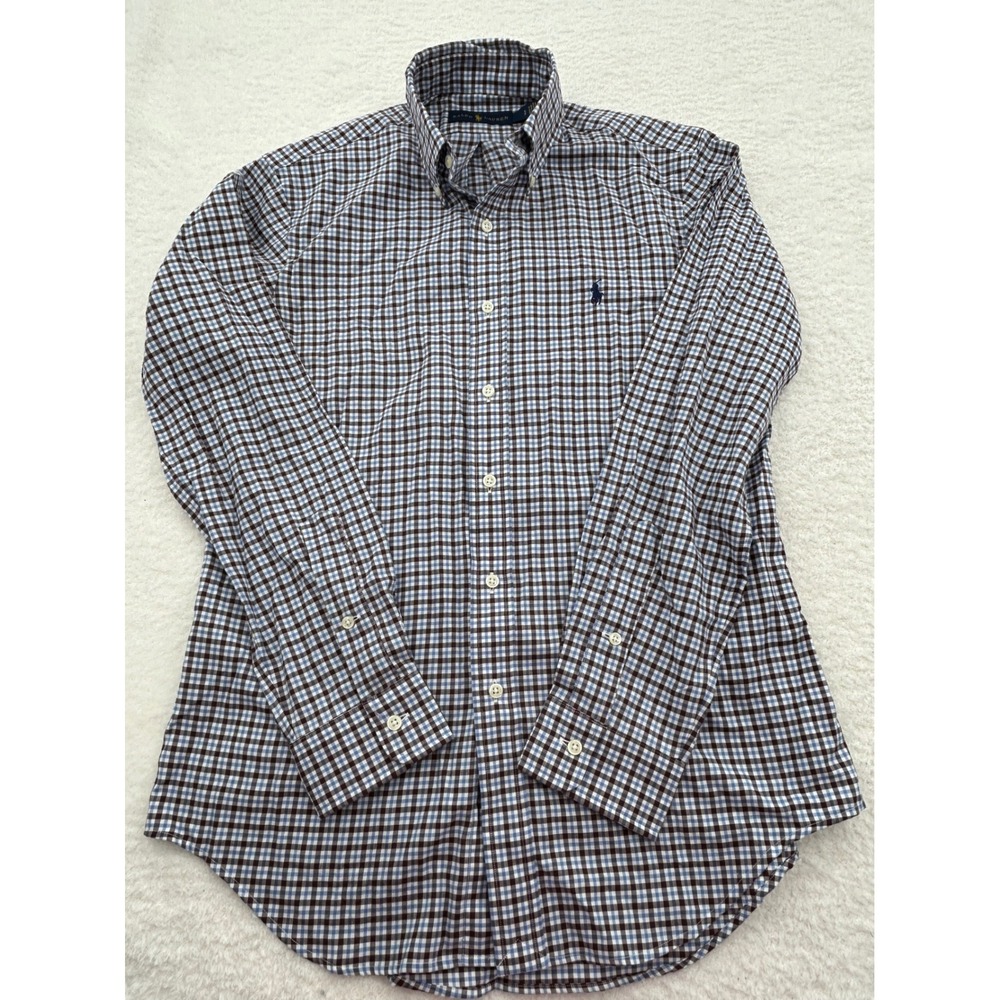 Ralph Lauren Mens Small Gingham Check Button Down Shirt Brown Blue Long Sleeve
